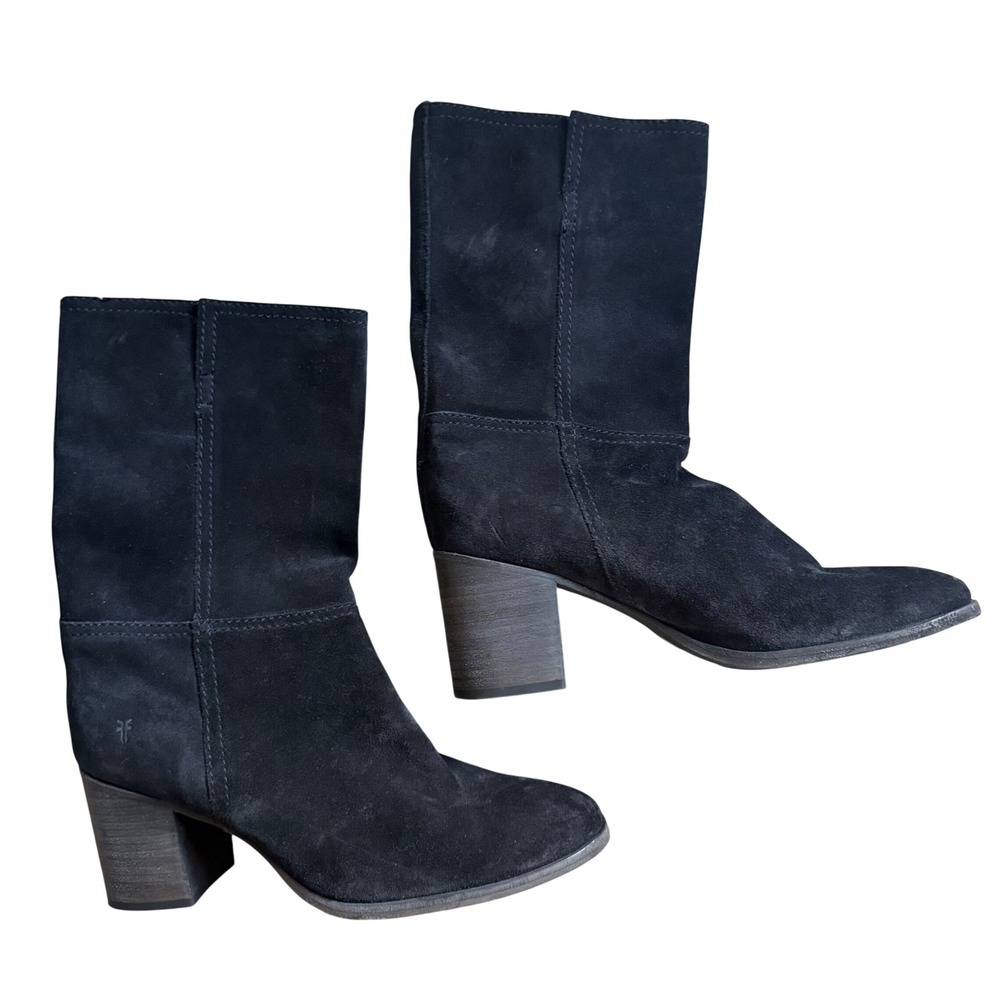 FRYE Suede Block Heel Booties Black Women's Size 10B Pull On Classic Chic Modern